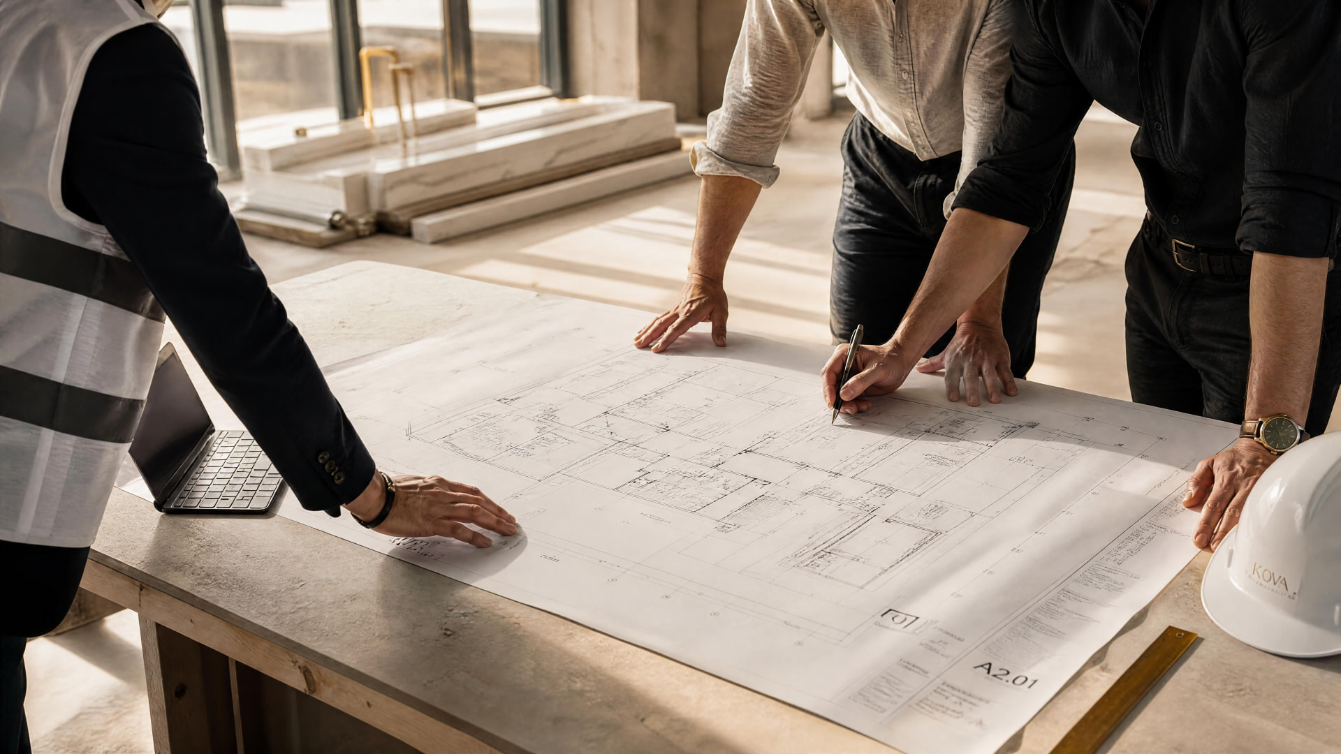 Équipe de chantier réunie autour de plans d'architecture